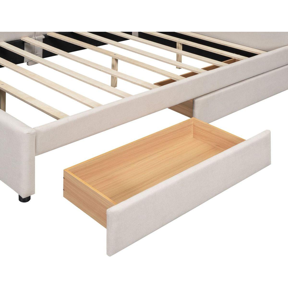 Queen Size Upholstered Platform Bed with USB and 2 Drawers, Beige
