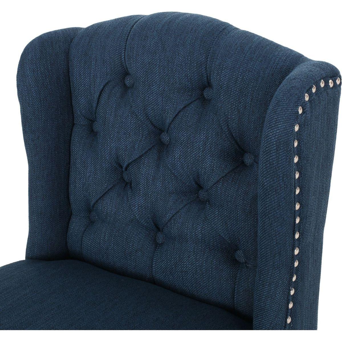 Vienna Contemporary Fabric Tufted Wingback 27 Inch Counter Stools, Set of 2, Navy Blue and Dark Brown - Streamdale Furniture