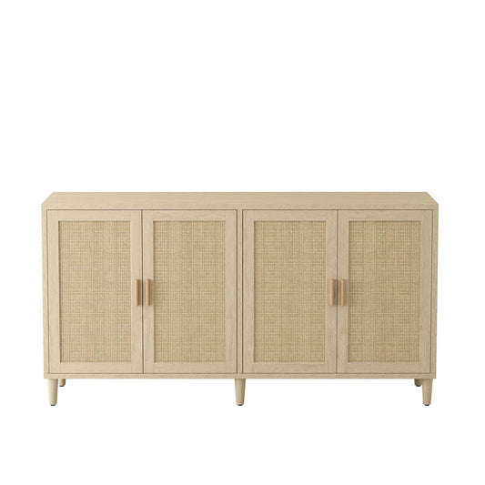 Natural Rattan Buffet Cabinet with Storage, 4-Door Sideboard, Adjustable Shelves, 70-Inch