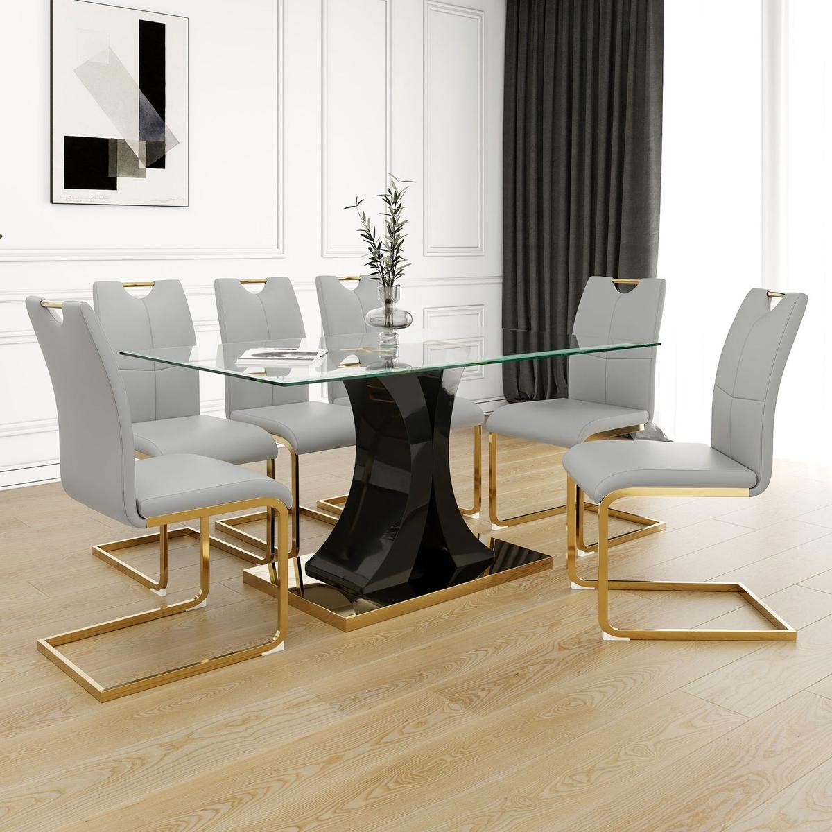 Modern style glass dining table, elegant transparent design, solid support base, grey dining chair set, gold-plated chair legs, suitable for restaurant kitchen use (set of 7)