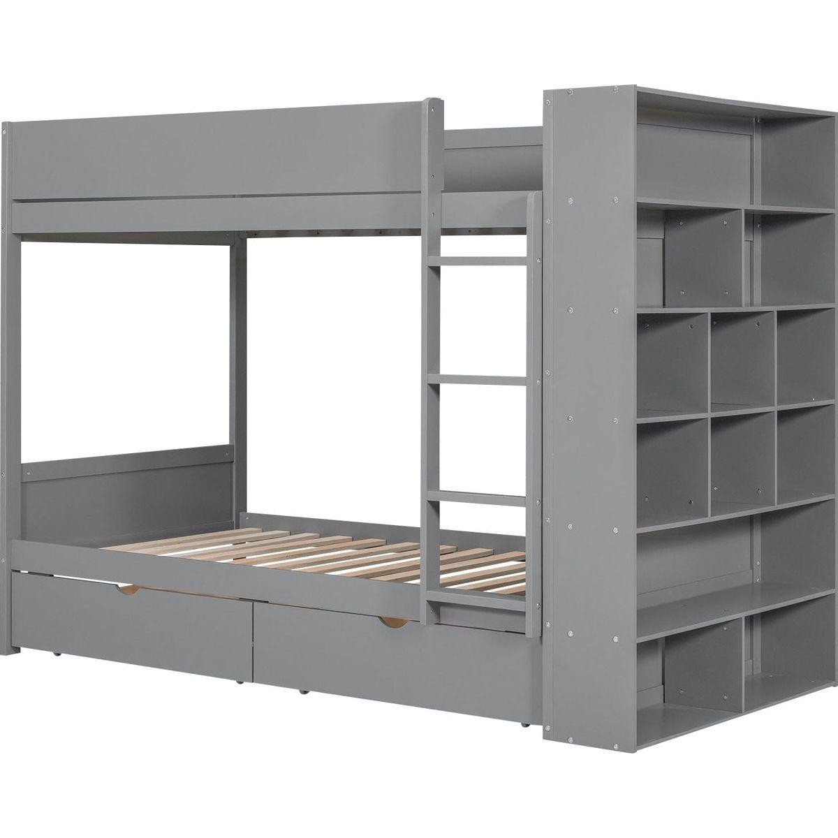 Twin over Twin Bunk Bed With 2 Drawers and Multi-layer Cabinet, Gray