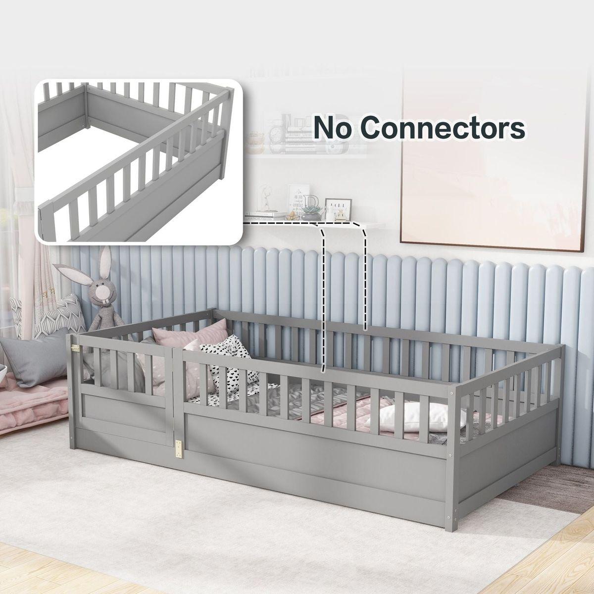 Twin Size Floor bed, integral construction with super high security barrier, door, children's floor bed frame, Montessori wooden children's floor bed, Grey