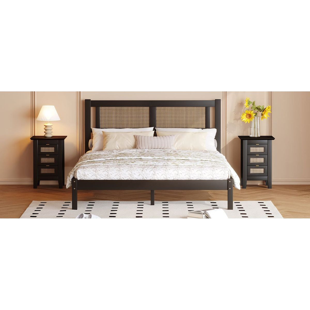 3-Pieces Bedroom Sets Queen Size Wooden Platform Bed with Natural Rattan Headboard, Nightstands Set of 2 with Rattan-Woven Surfaces and Three Drawers for Bedroom, Black