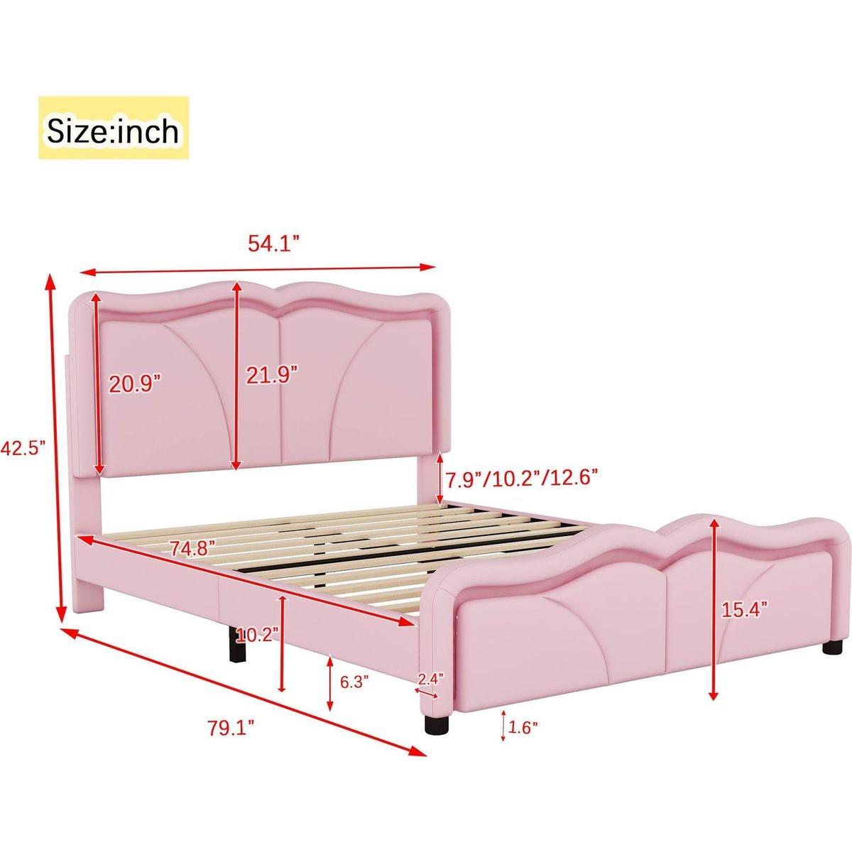 Full Size Upholstered Platform Bed with Curve Shaped and Height-adjustbale Headboard,LED Light Strips,Pink