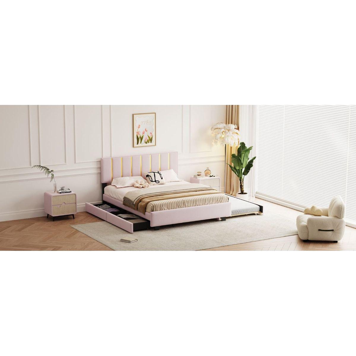 Queen Size Upholstered Platform Bed with 2 Drawers and 1 Trundle, Classic Metal Strip Headboard Design, Pink