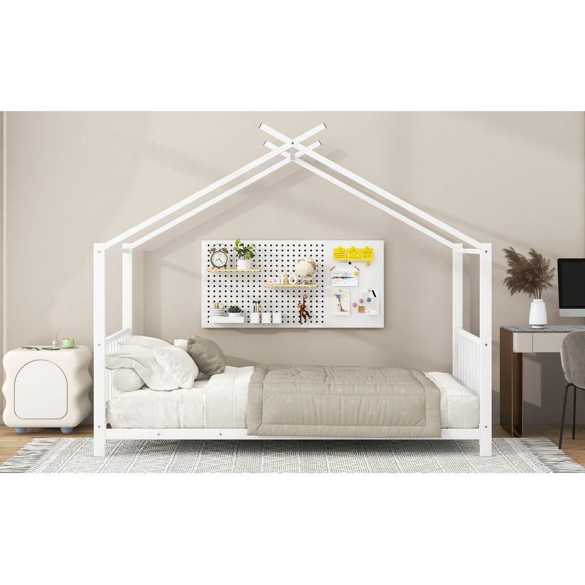 Twin Size Metal House Platform Bed, White