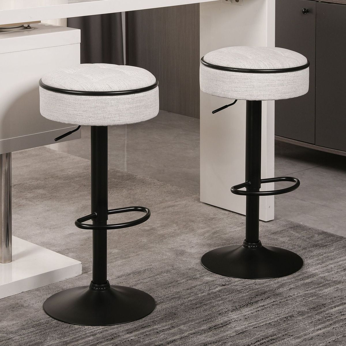 Round Storage Bar Stool Set of 2, Off White Linen Height Adjustable Barstool, 360Counter Height Swivel Stool, Armless Bar Chair with Metal Frame for Kitchen Counter Dining Living Room