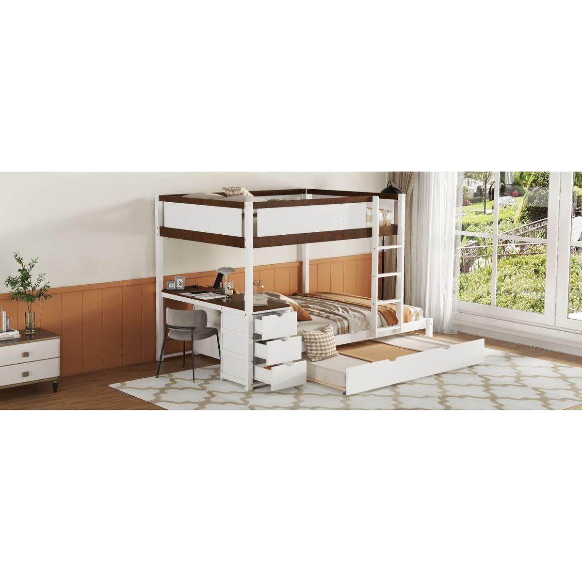 Full-Over-Full Bunk Bed with Twin size Trundle, Storage and Desk, White+Walnut