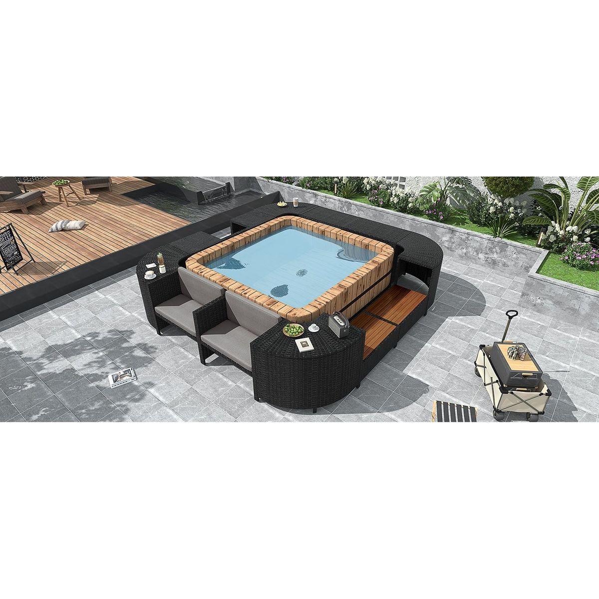 Spa Surround Spa Frame Quadrilateral Outdoor Rattan Sectional Sofa Set with Mini Sofa, Wooden Seats and Storage Spaces, Grey