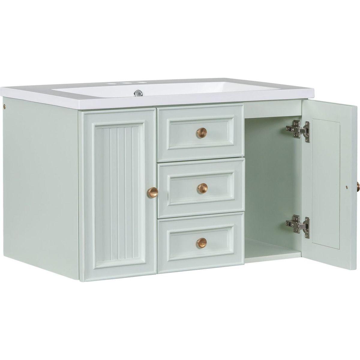 30" Wall Mounted Bathroom Vanity with Sink Combo, Functional Drawer, Solid Wood & MDF Board & Ceramic, Green