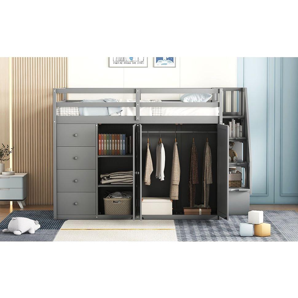 Full Size Wood Loft Bed With Built-in Wardrobes, Cabinets and Drawers, Gray