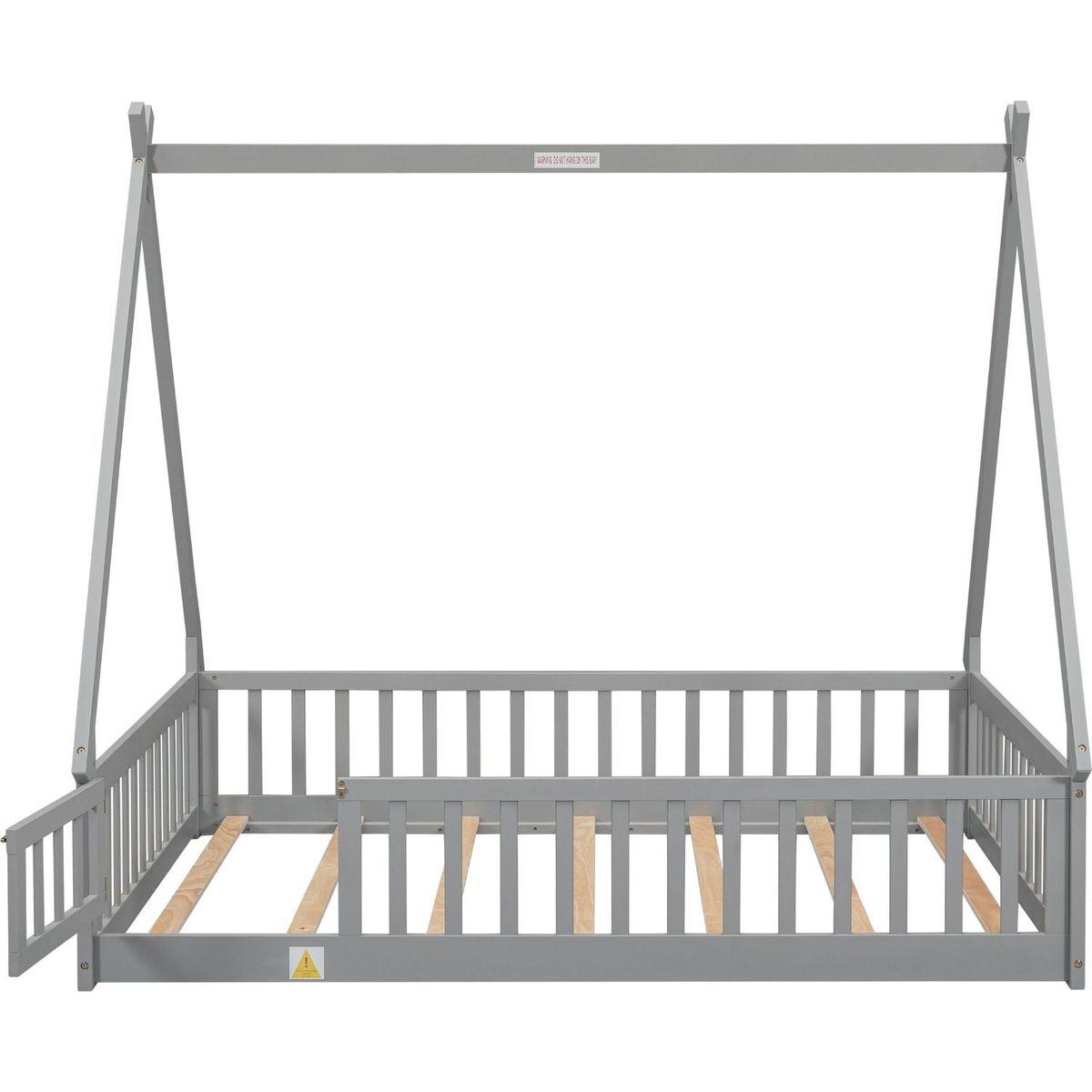 Full Tent-shaped Floor Bed, with Guardrails, Slats, Door, Grey