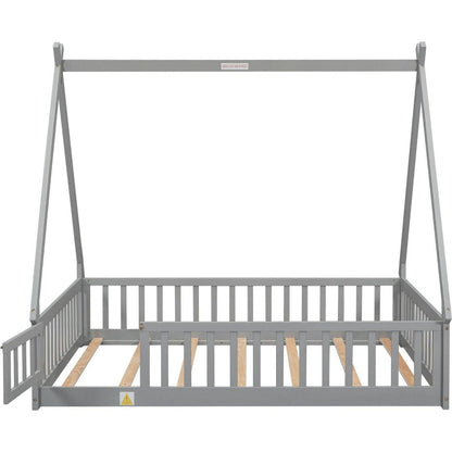 Full Tent-shaped Floor Bed, with Guardrails, Slats, Door, Grey