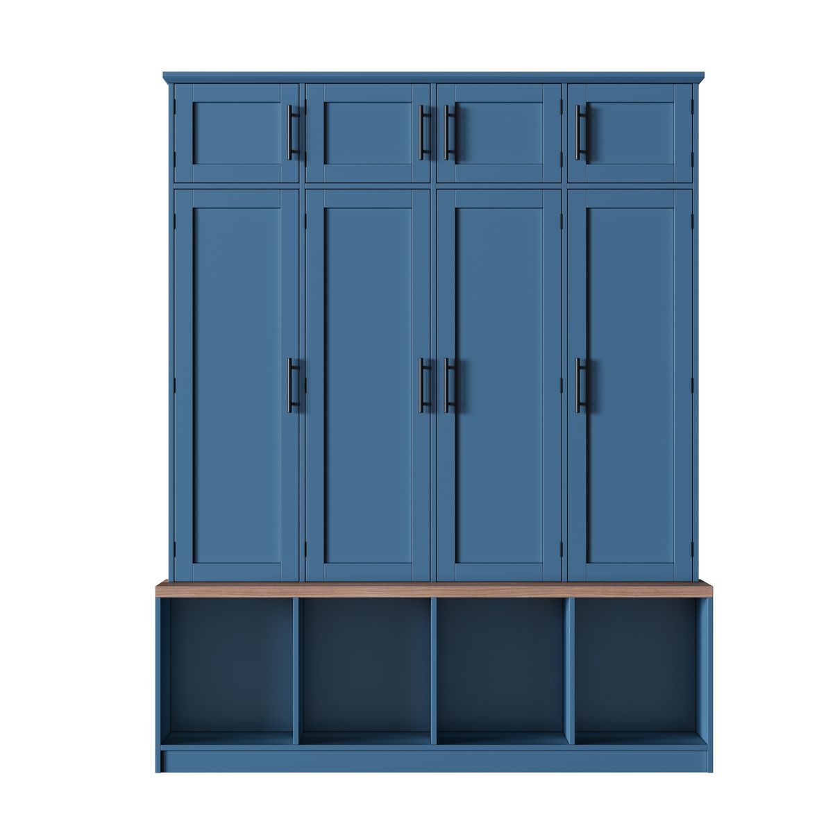 [Assembly Video Provided]  Farmhouse Hall Tree with 4 Hidden Hanging Hooks, Versatile Walnut Seating Bench with 8 Doors, Entryway Shoe Cabinet with Open Compartments for Living Room, Blue