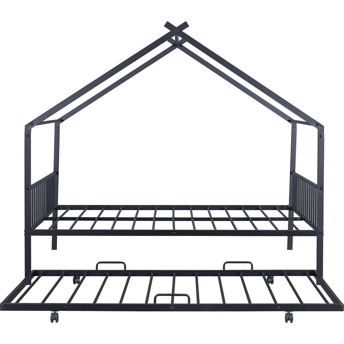 Full Size Metal House Bed with Twin Size Trundle, Black