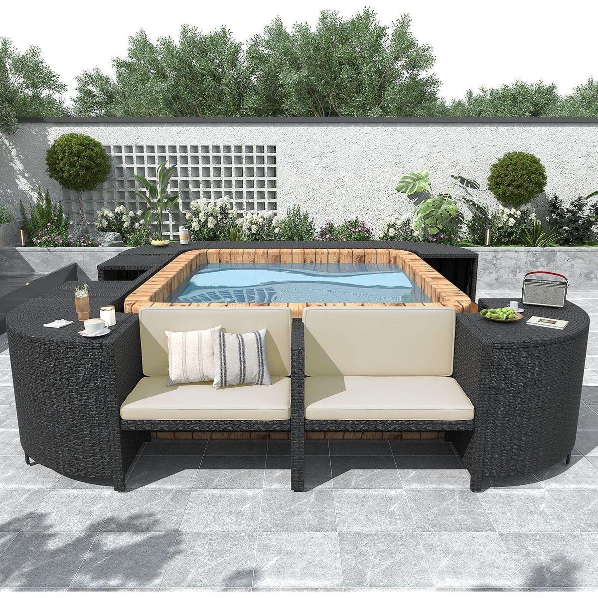 Spa Surround Spa Frame Quadrilateral Outdoor Rattan Sectional Sofa Set with Mini Sofa,Wooden Seats and Storage Spaces, Beige