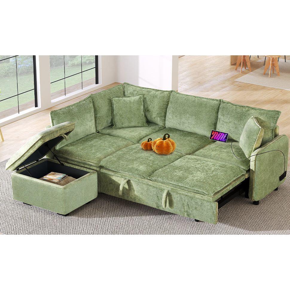 82.67"Convertible Sofa Bed Sectional Sofa Sleeper L-shaped Sofa with a Storage Ottoman,Two Pillows, Two Power Sockets and Two USB Ports for Living Room, Green