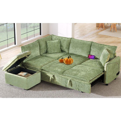 82.67"Convertible Sofa Bed Sectional Sofa Sleeper L-shaped Sofa with a Storage Ottoman,Two Pillows, Two Power Sockets and Two USB Ports for Living Room, Green