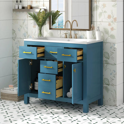 36" Bathroon Vanity with Resin Sink Combo Set,Modern Freestanding Single Bathroom Cabinet with 4 Drawers & 2 Cabinets,Storage Cabinet for Bathroom, Solid Wood Frame Vanity Set, Blue