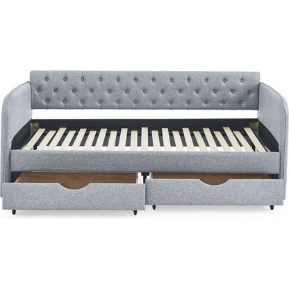 Twin Size Upholstery Daybed with Trundle Bed and Two Storage Drawers , Flat Arms with Pocket, Extendable Daybed for Bedroom Living Room,Linen Grey