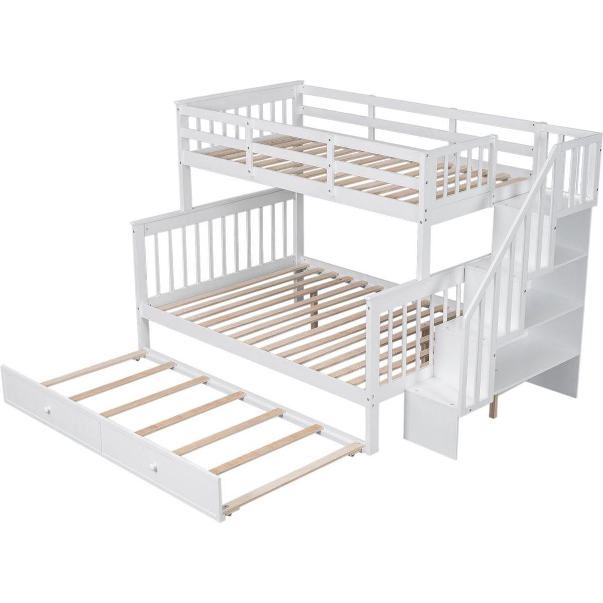 Twin-Over-Full Bunk Bed with Twin size Trundle, Storage and Guard Rail for Bedroom, Dorm, for Adults, White