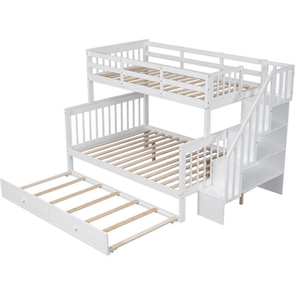 Twin-Over-Full Bunk Bed with Twin size Trundle, Storage and Guard Rail for Bedroom, Dorm, for Adults, White