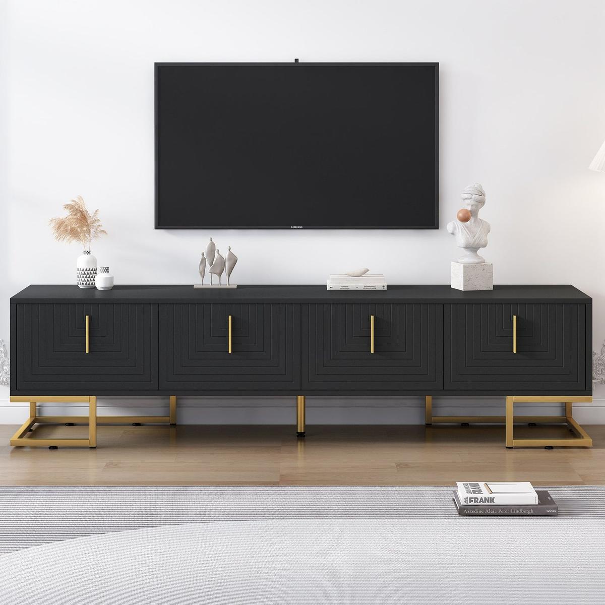 Modern TV Stand with Metal Legs and Gold Handles for TVs Up to 80", Media Console Table with Cabinets and Adjustable Shelves, Luxury TV Cabinet with Geometric Lines for Living Room, Black