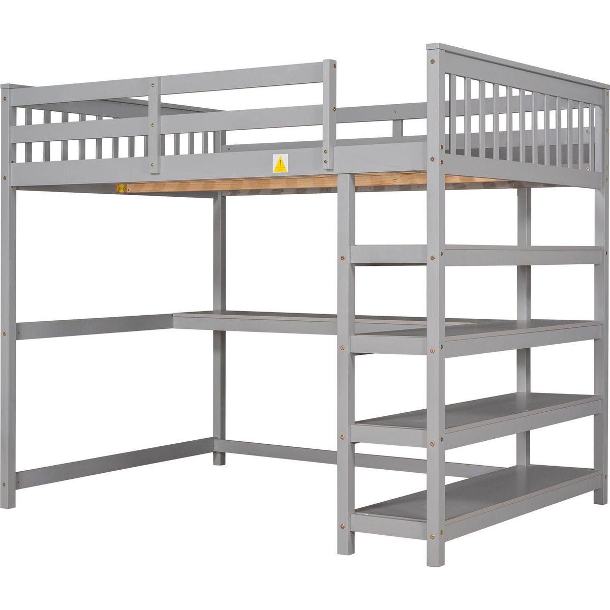 Full Size Loft Bed with Storage Shelves and Under-bed Desk, Gray