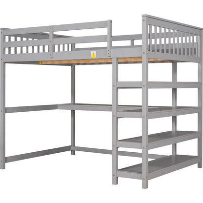 Full Size Loft Bed with Storage Shelves and Under-bed Desk, Gray