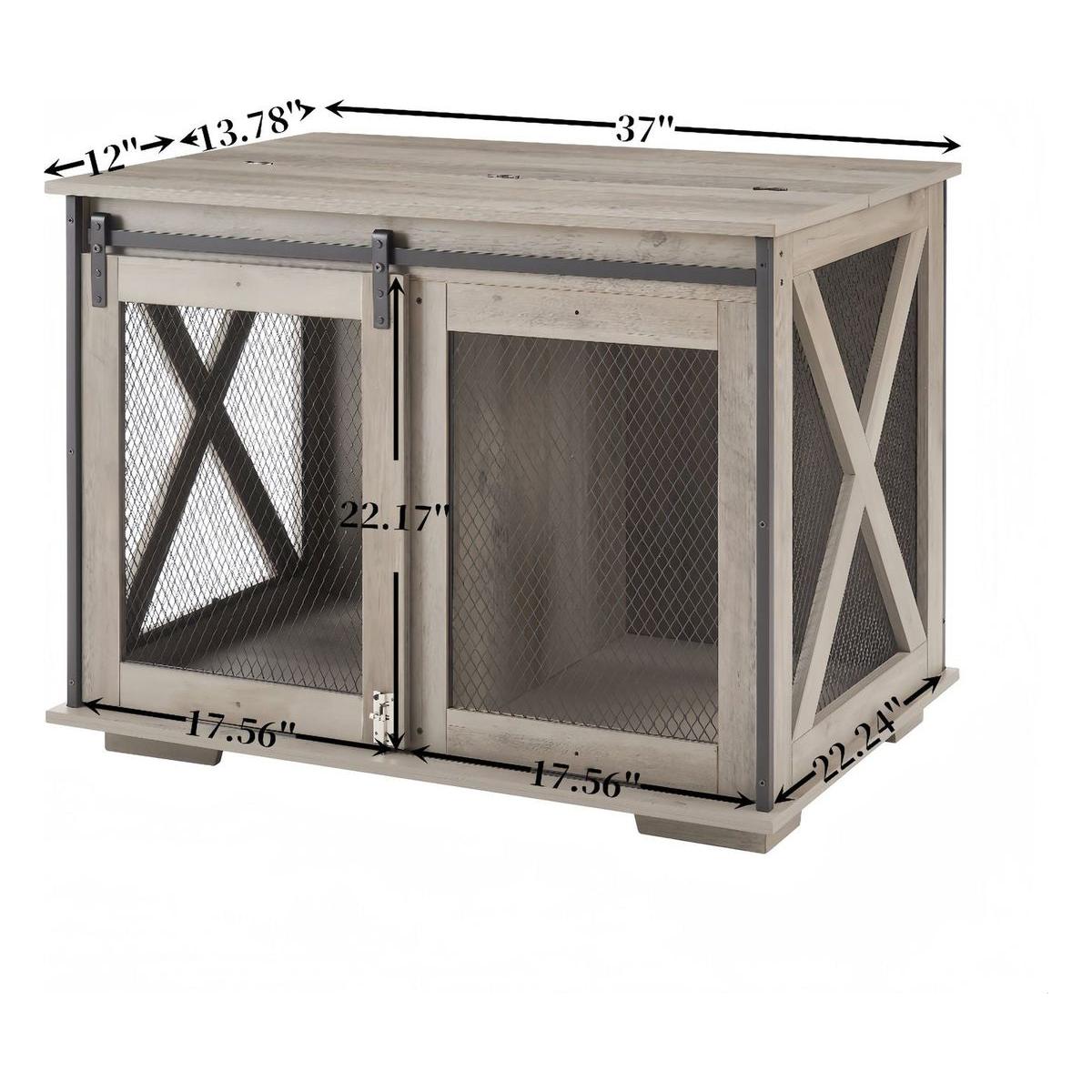 Farmhouse Dog Cage Crate Furniture with Sliding Barn Door, Farmhouse Wooden Dog Kennel End Table with Flip-top Plate Dog House with Detachable Divider for Small/Medium/Large Dog Gray