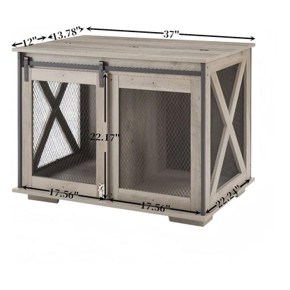 Farmhouse Dog Cage Crate Furniture with Sliding Barn Door, Farmhouse Wooden Dog Kennel End Table with Flip-top Plate Dog House with Detachable Divider for Small/Medium/Large Dog Gray