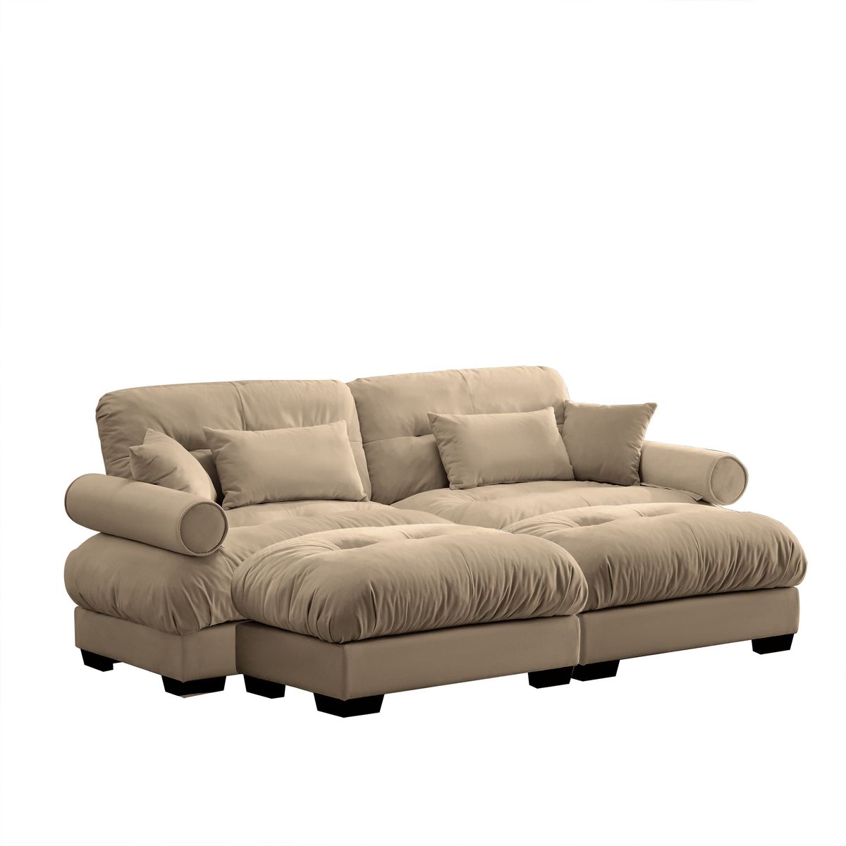 Modern Camel Velvet Two-Seater Sofa with Ottoman and Round Bolster Armrests