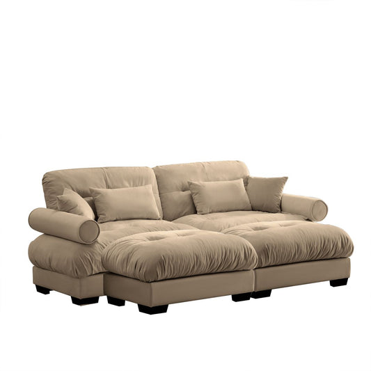 Modern Camel Velvet Two-Seater Sofa with Ottoman and Round Bolster Armrests