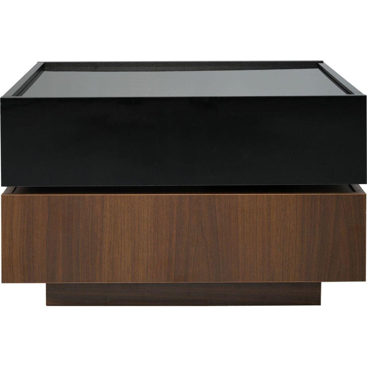 Multi-functional Square 360Rotating Coffee Table with 2 Drawers, High Gloss 2-Tier Center Table with Swivel Tabletop and Storage, Walnut Table Frame Side Table for Living Room, Black