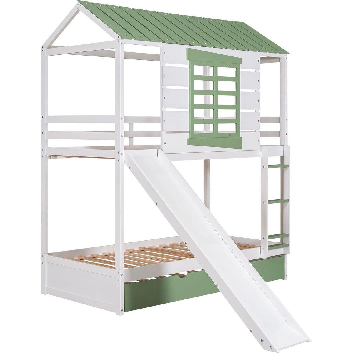Twin over Twin Size House Bunk Bed with Convertible Slide and Trundle, White+Green