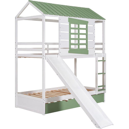 Twin over Twin Size House Bunk Bed with Convertible Slide and Trundle, White+Green