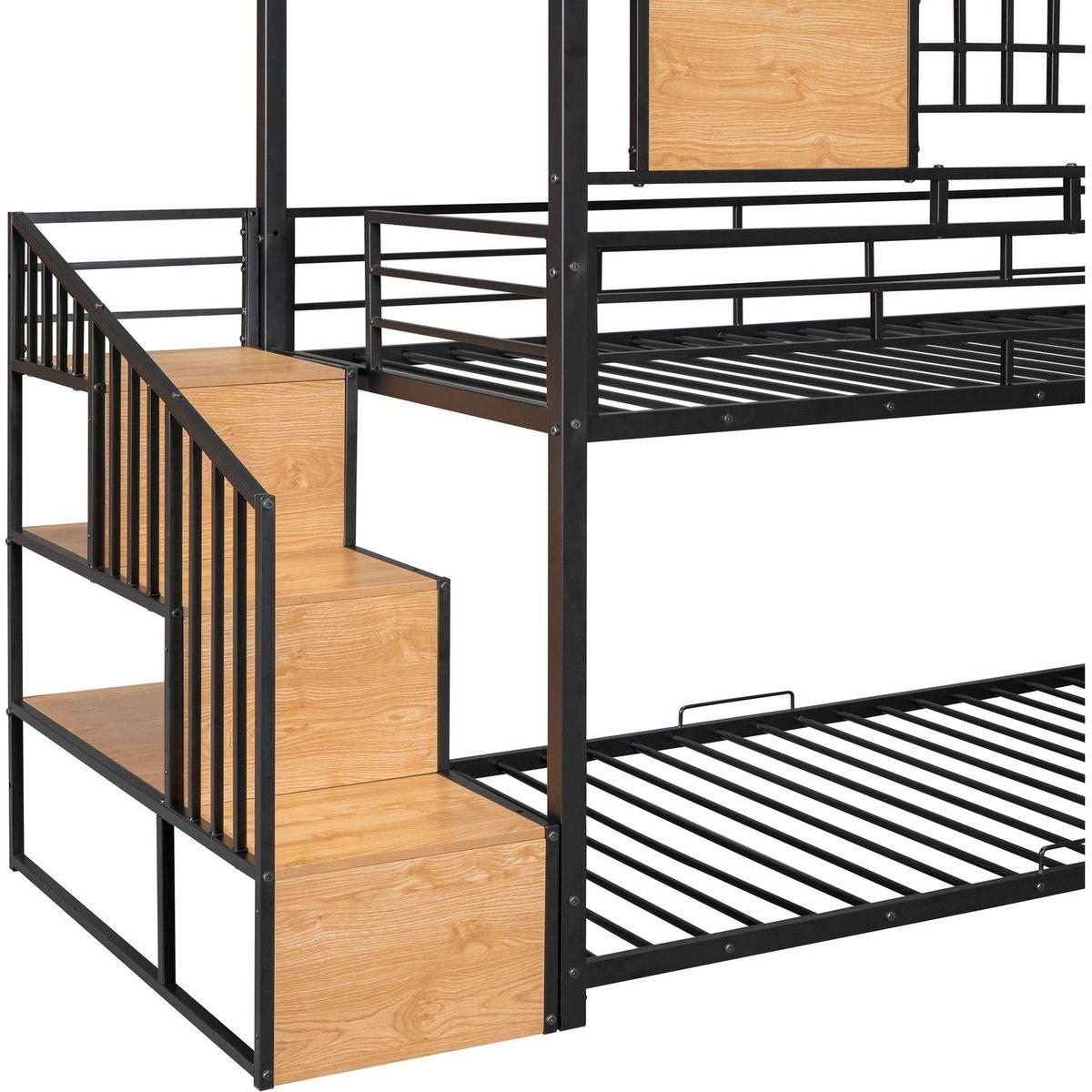Twin Over Twin Metal Bunk Bed, Metal Housebed with Slide and Storage Stair, Black with Black Slide