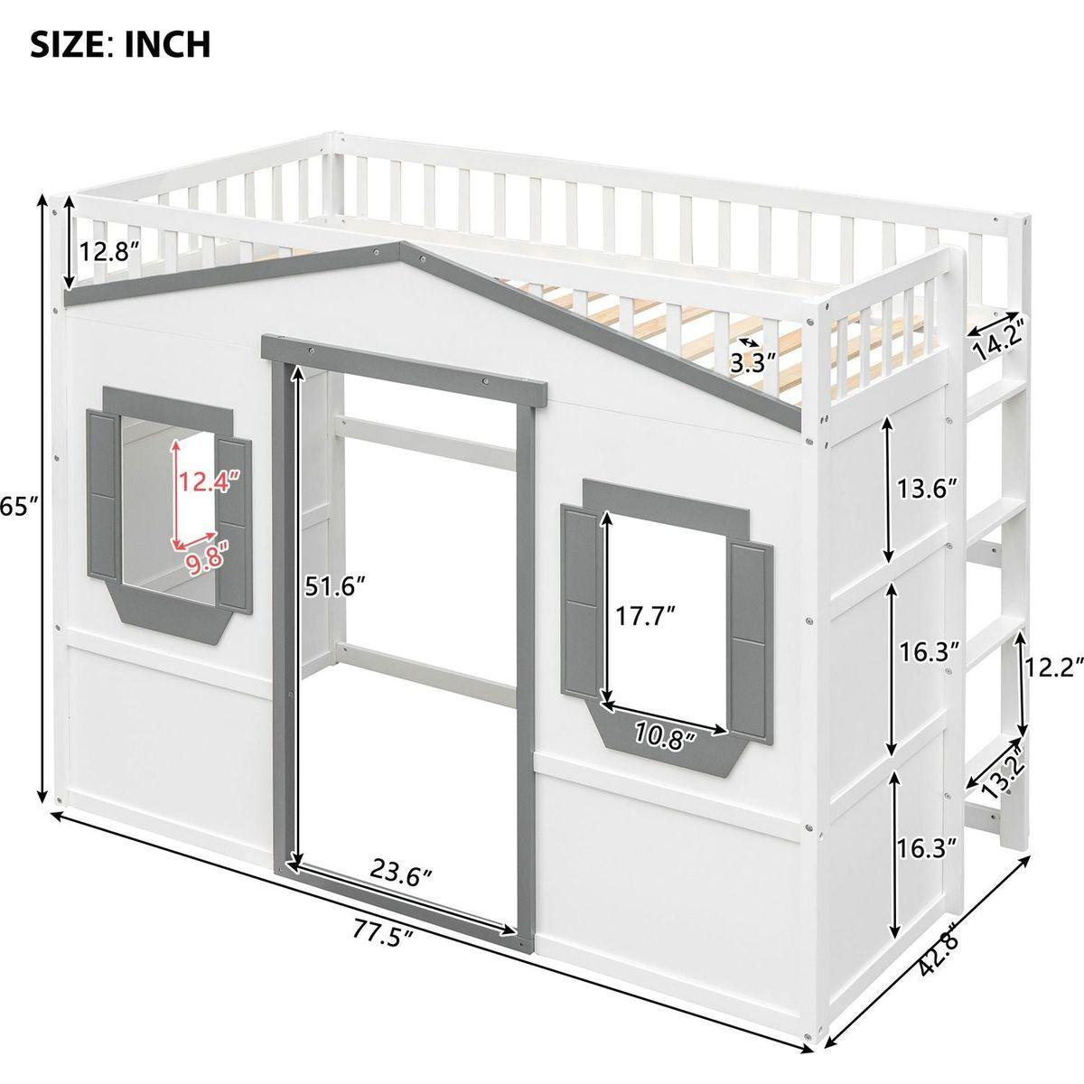 Twin Size House Loft Bed With Ladder-White+Gray Frame