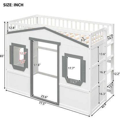 Twin Size House Loft Bed With Ladder-White+Gray Frame