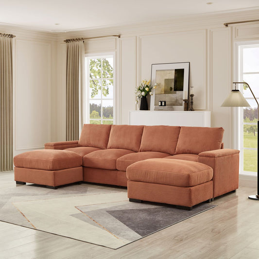 Sectional Sofa Deep Seat Sofa Couch with Ottomans, Corduroy Sofa Sleeper Comfy Upholstered Furniture for Living Room, Apartment, Office, (4-Seat & 2-Ottoman,Orange)