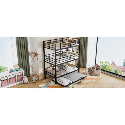 Metal Twin Size Triple Bunk Bed With Trundle, Black