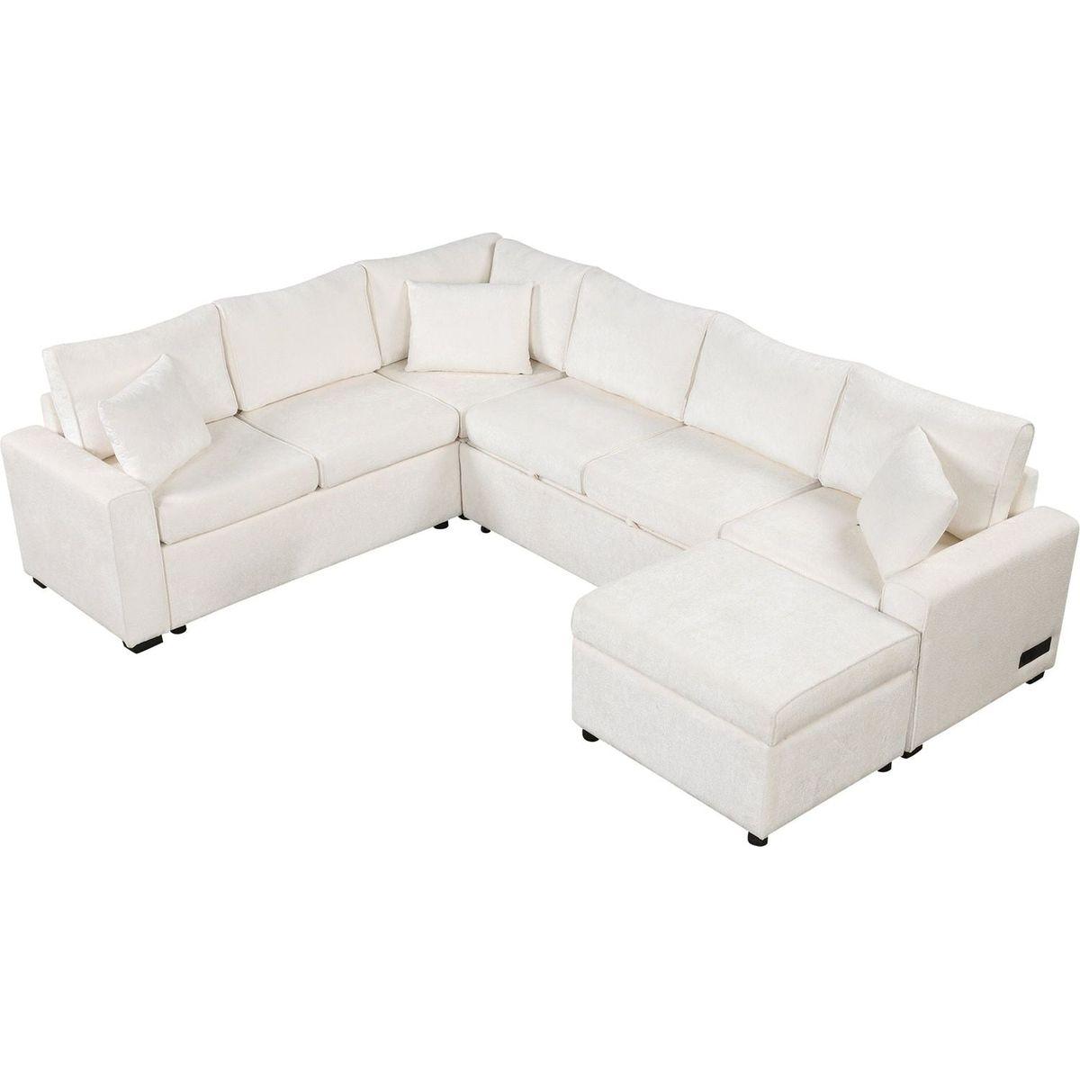 112.2" Sectional Sofa Pull-out Sofa Bed Sleeper with a Storage Ottoman,Three Pillows and Charging Devices for Living Room, Cream
