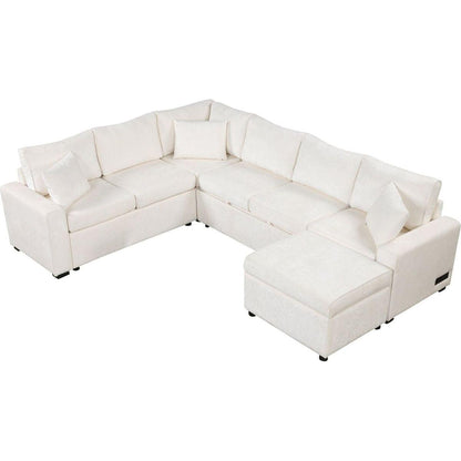 112.2" Sectional Sofa Pull-out Sofa Bed Sleeper with a Storage Ottoman,Three Pillows and Charging Devices for Living Room, Cream
