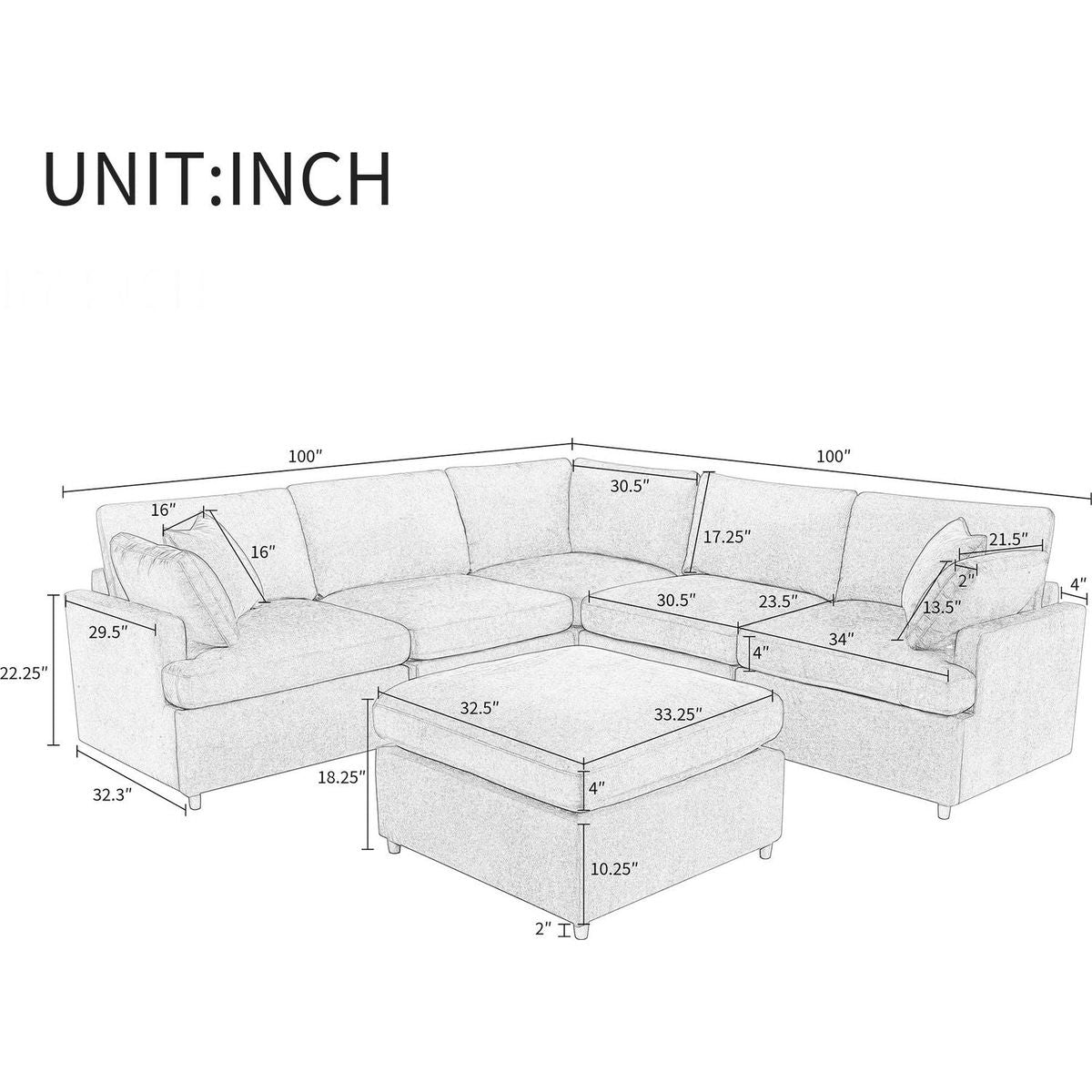 Modern Large U-Shape Sectional Sofa, with Removable Ottomans for Living Room (6-Seater)