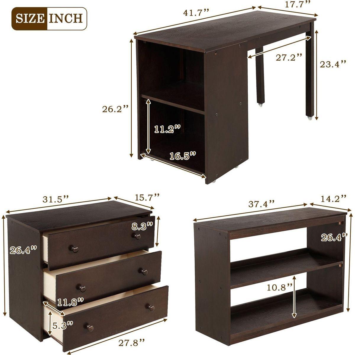 Low Study Twin Loft Bed with Cabinet and Rolling Portable Desk - Espresso