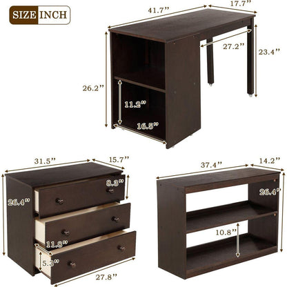 Low Study Twin Loft Bed with Cabinet and Rolling Portable Desk - Espresso