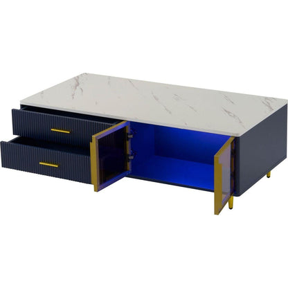 Modern Navy Blue Coffee Table with 2 Glass Door Storage, 4 Drawers, Gold Metal Legs, and Multi-Color Lighting in 47.2"
