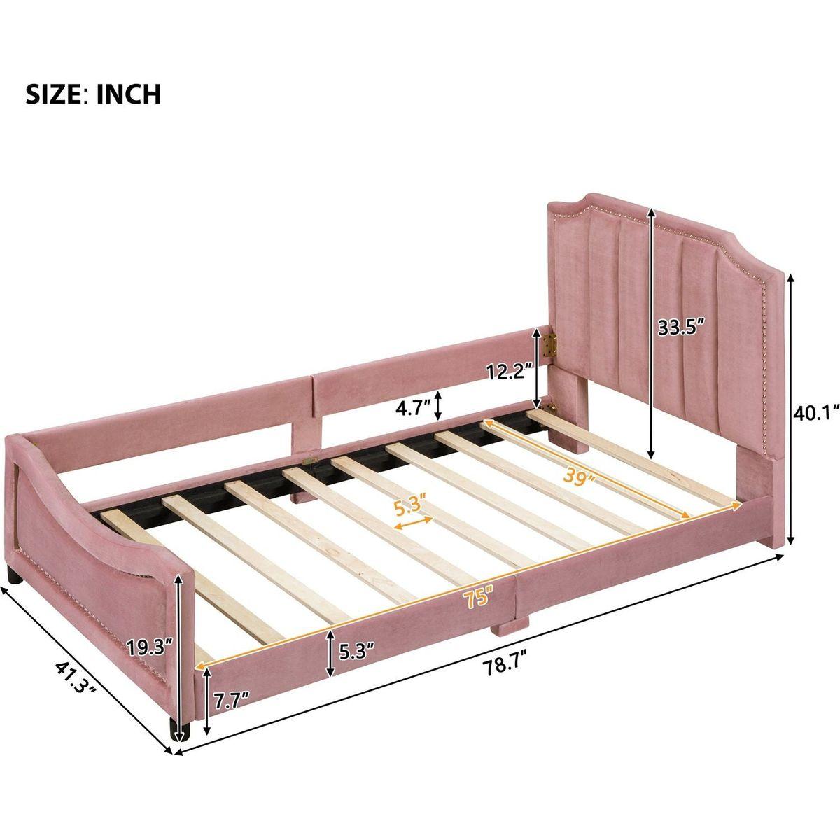 Twin Size Upholstered Daybed with Classic Stripe Shaped Headboard, Pink