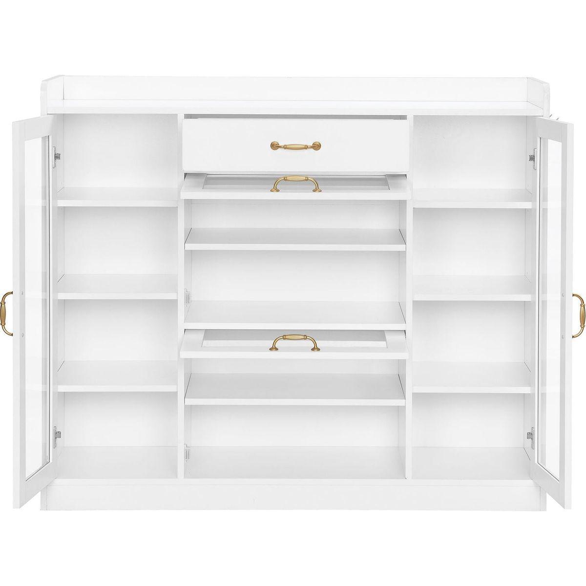 Modernist Side Cabinet with 4 Glass Doors & 3 Hooks, Freestanding Shoe Rack with Multiple Adjustable Shelves, Versatile Display Cabinet with Gold Handles for Hallway, Living Room, White