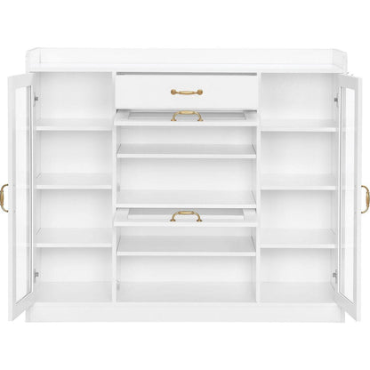 Modernist Side Cabinet with 4 Glass Doors & 3 Hooks, Freestanding Shoe Rack with Multiple Adjustable Shelves, Versatile Display Cabinet with Gold Handles for Hallway, Living Room, White